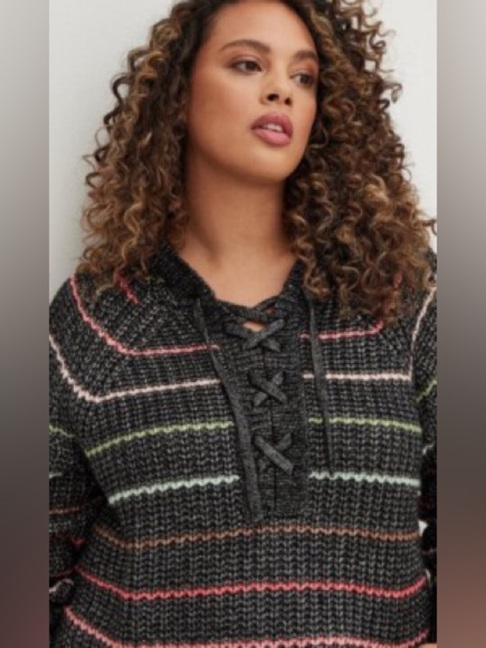Torrid Lace Up Stripe Chunky Yarn Hoodie Sweater Soft Cozy Knit Plus Size 1X
